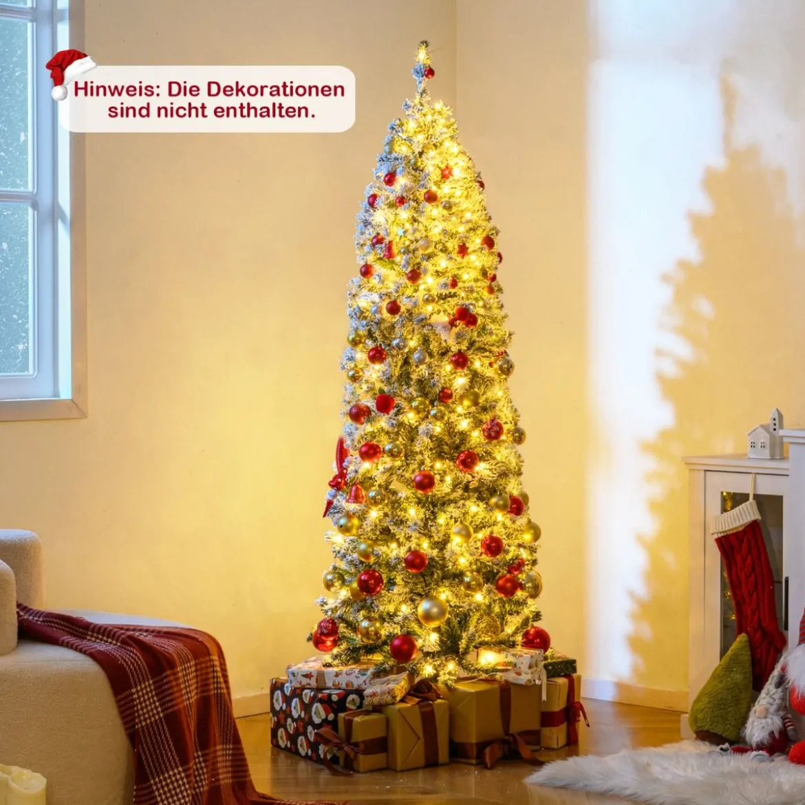 180 cm Künstlicher Weihnachtsbaum mit 260 Warmweißen LED-Lichtern & Schnee Bleistift Tannenbaum