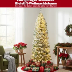 180 cm Künstlicher Weihnachtsbaum mit 260 Warmweißen LED-Lichtern & Schnee Bleistift Tannenbaum