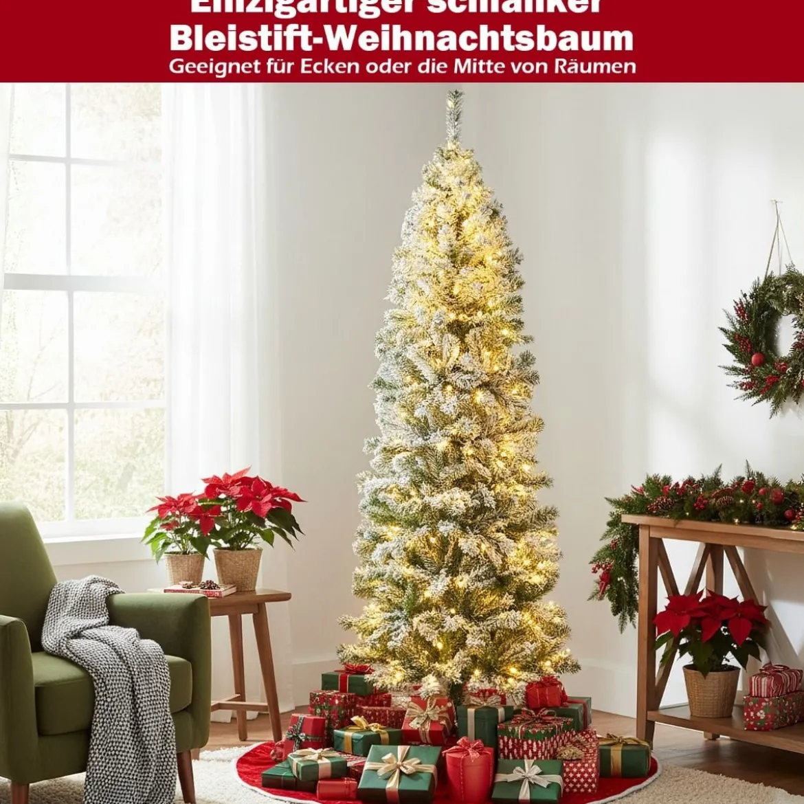 180 cm Künstlicher Weihnachtsbaum mit 260 Warmweißen LED-Lichtern & Schnee Bleistift Tannenbaum