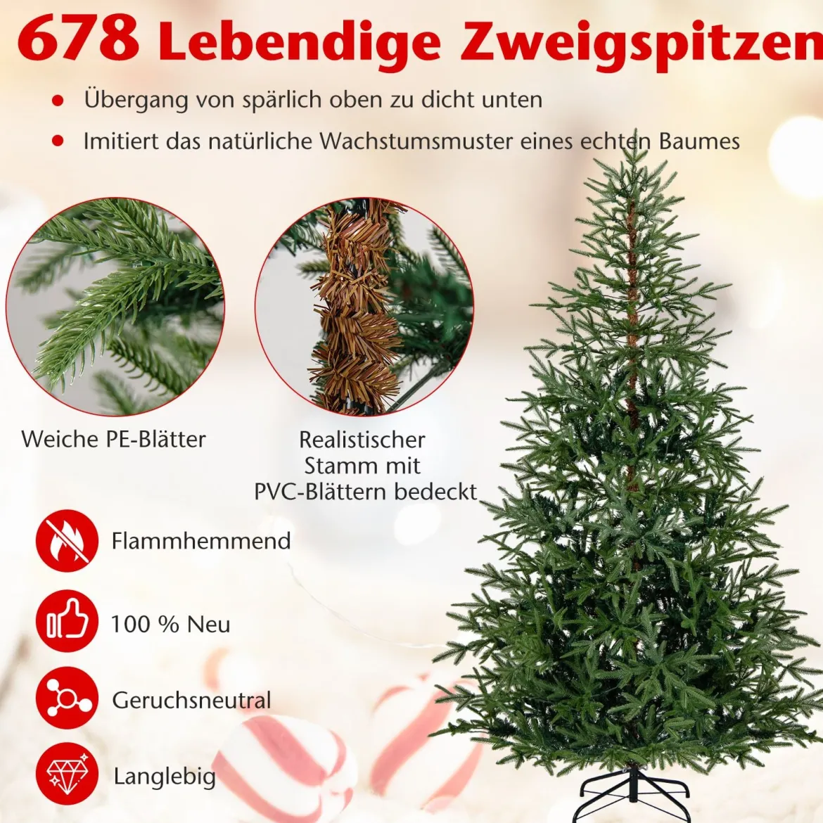 210 cm Künstlicher Weihnachtsbaum mit 250 Mehrfarbigen LED-Lichtern Christbaum Kunstbaum