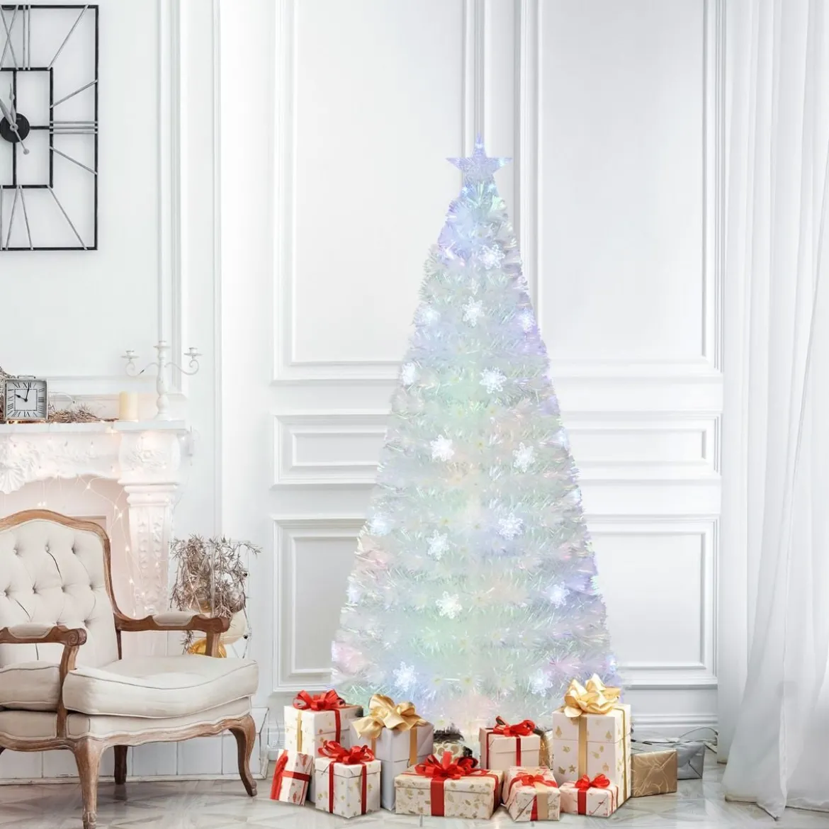 120 / 150 / 180 / 210cm Künstlicher Weihnachtsbaum mit Bunten LED-Lichtern & Glasfaser & Sternspitze Weiß