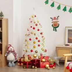 120 / 150 / 180 / 210cm Künstlicher Weihnachtsbaum mit Bunten LED-Lichtern & Glasfaser & Sternspitze Weiß