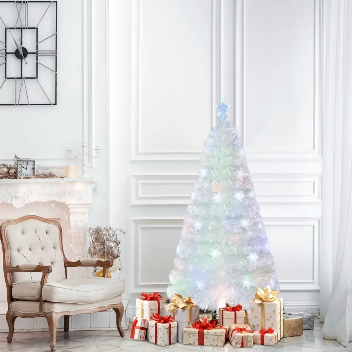 120 / 150 / 180 / 210cm Künstlicher Weihnachtsbaum mit Bunten LED-Lichtern & Glasfaser & Sternspitze Weiß