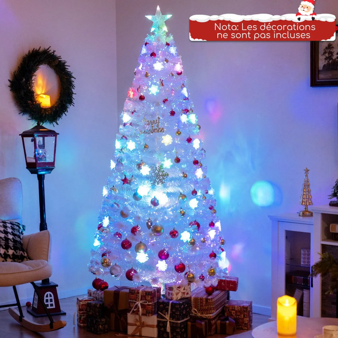120 / 150 / 180 / 210cm Künstlicher Weihnachtsbaum mit Bunten LED-Lichtern & Glasfaser & Sternspitze Weiß