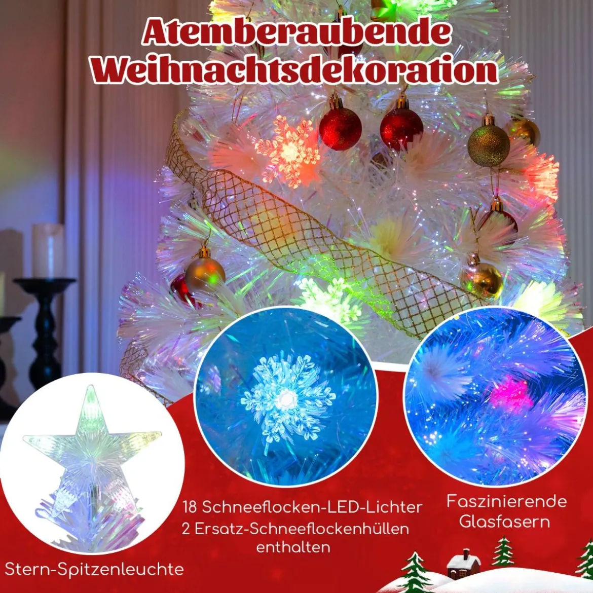 120 / 150 / 180 / 210cm Künstlicher Weihnachtsbaum mit Bunten LED-Lichtern & Glasfaser & Sternspitze Weiß