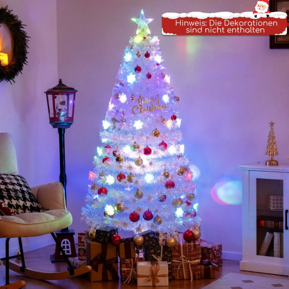 120 / 150 / 180 / 210cm Künstlicher Weihnachtsbaum mit Bunten LED-Lichtern & Glasfaser & Sternspitze Weiß