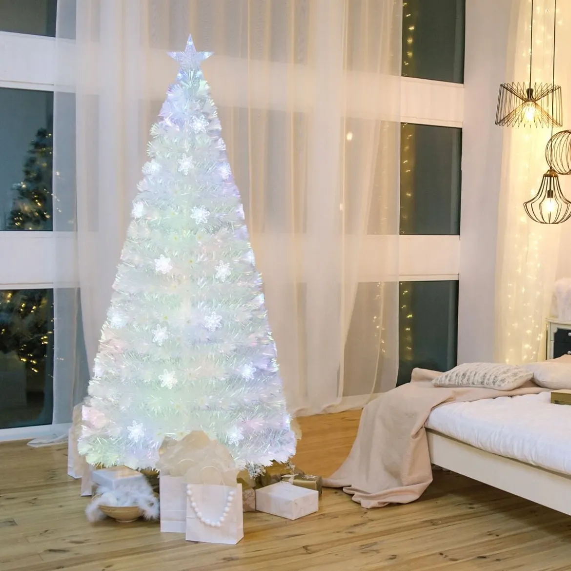 120 / 150 / 180 / 210cm Künstlicher Weihnachtsbaum mit Bunten LED-Lichtern & Glasfaser & Sternspitze Weiß