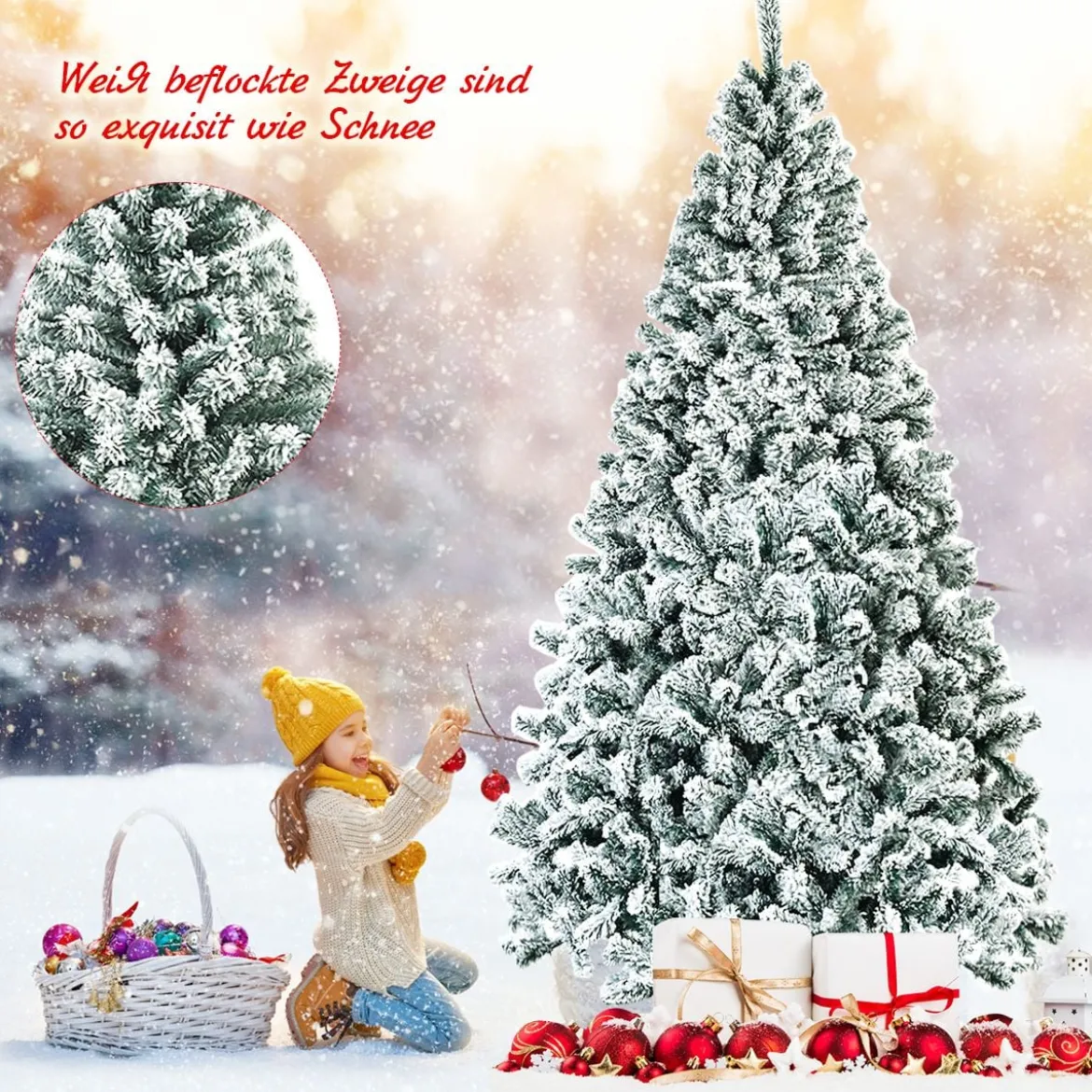 225cm Künstlicher Weihnachtsbaum Schnee Tannenbaum Metallständer Christbaum