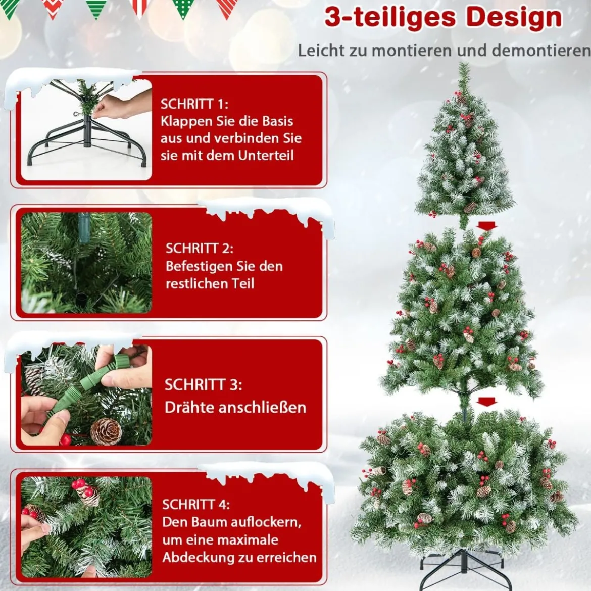 195 cm Künstlicher Weihnachtsbaum mit Beleuchtung & Schnee & Tannenzapfen & Roten Beeren
