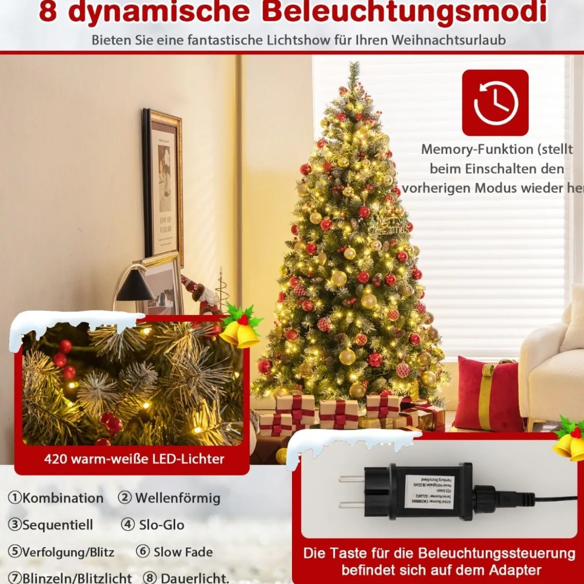 195 cm Künstlicher Weihnachtsbaum mit Beleuchtung & Schnee & Tannenzapfen & Roten Beeren