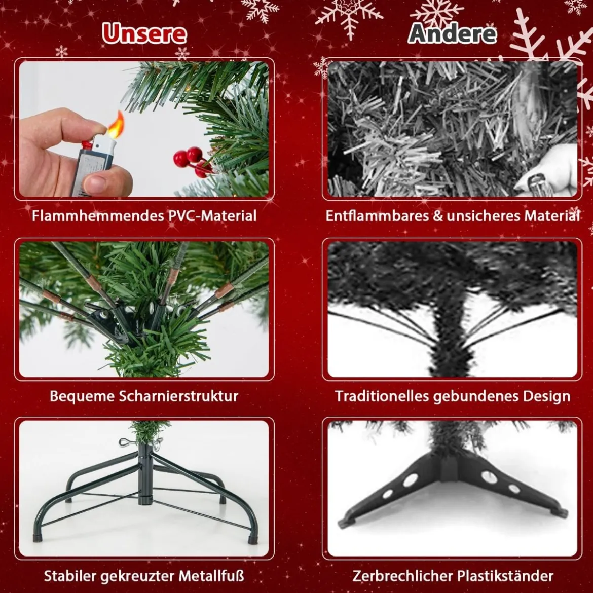 195 cm Künstlicher Weihnachtsbaum mit Beleuchtung & Schnee & Tannenzapfen & Roten Beeren