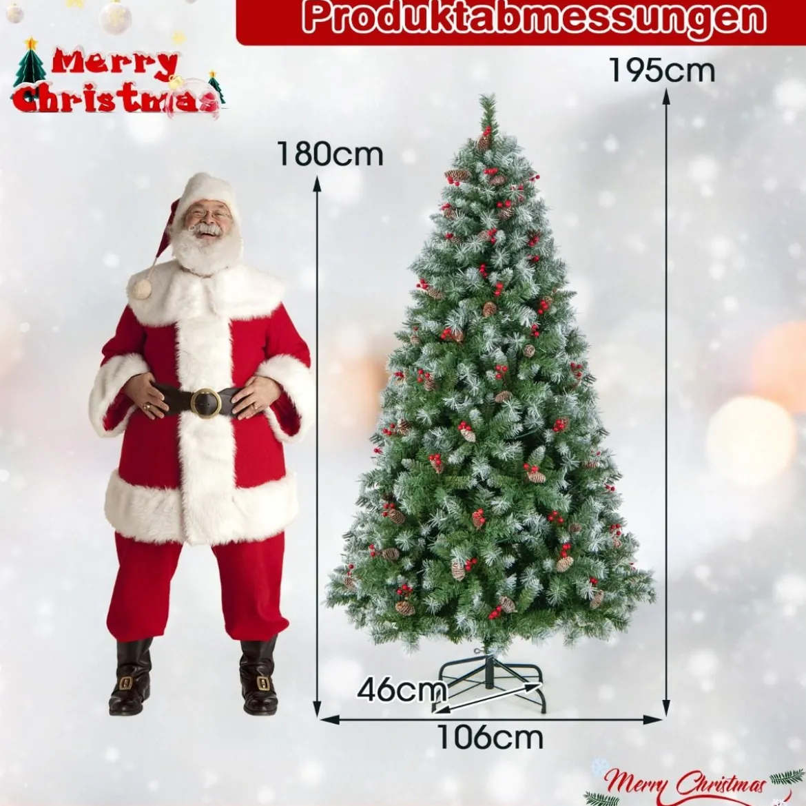 195 cm Künstlicher Weihnachtsbaum mit Beleuchtung & Schnee & Tannenzapfen & Roten Beeren