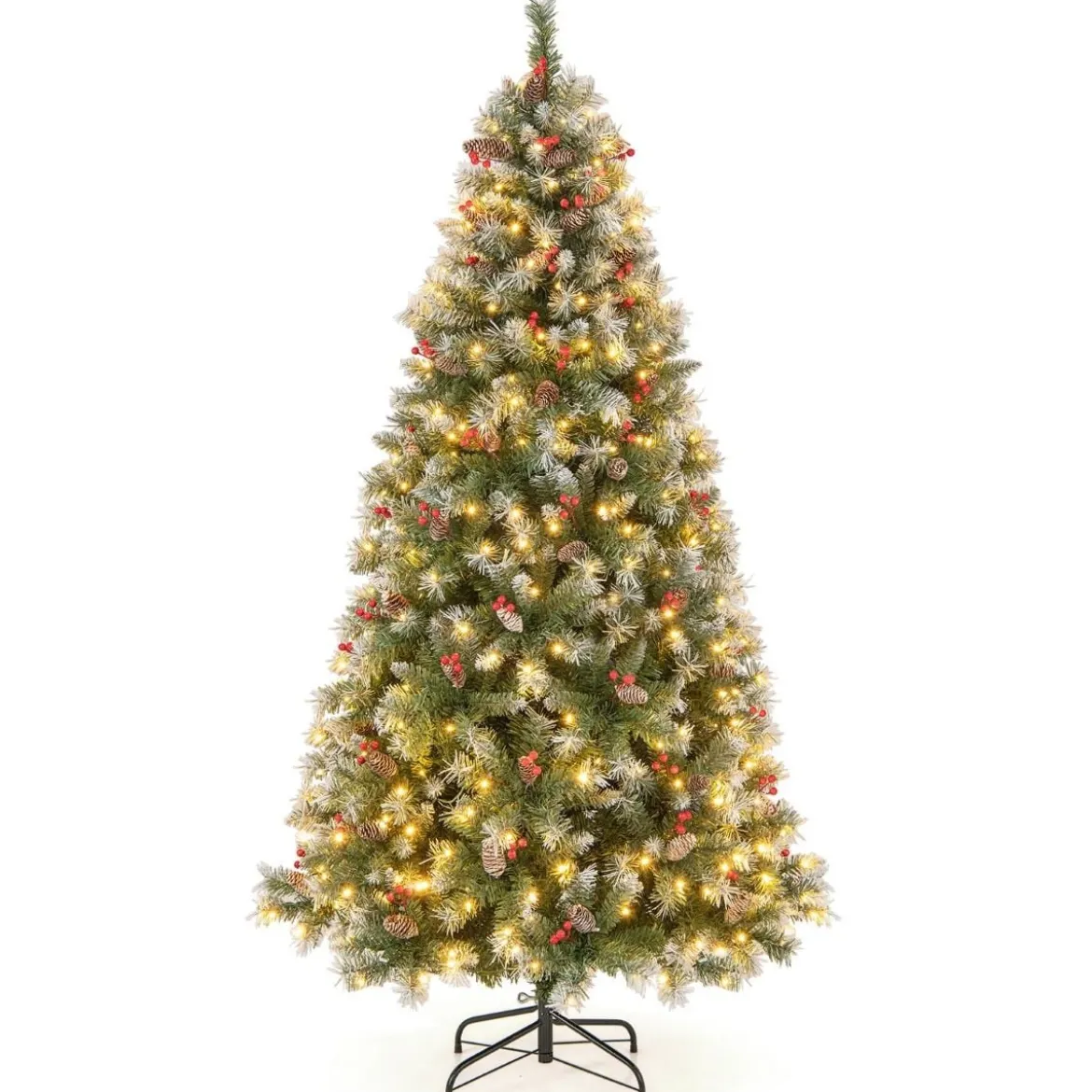 195 cm Künstlicher Weihnachtsbaum mit Beleuchtung & Schnee & Tannenzapfen & Roten Beeren