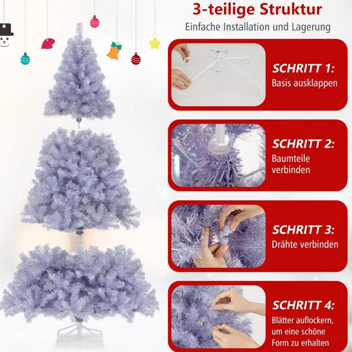 180 cm Künstlicher Weihnachtsbaum mit Beleuchtung, Tannenbaum mit warmweißen LED-Lichtern Violett