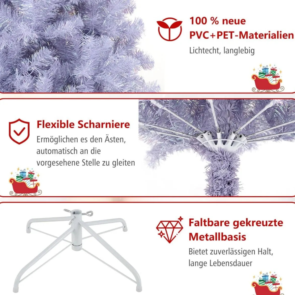 180 cm Künstlicher Weihnachtsbaum mit Beleuchtung, Tannenbaum mit warmweißen LED-Lichtern Violett