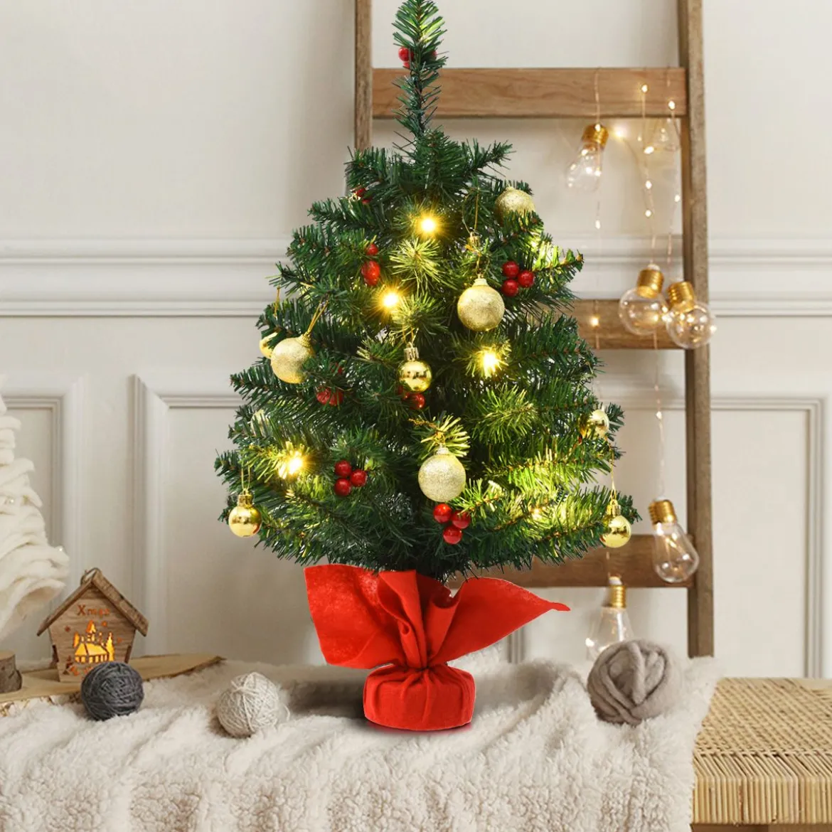 60cm Künstlicher Weihnachtsbaum mit 15 LED-Leuchten Tannenbaum Christbaum Grün