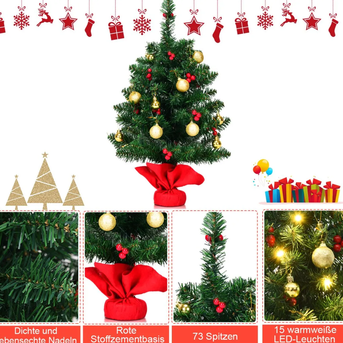 60cm Künstlicher Weihnachtsbaum mit 15 LED-Leuchten Tannenbaum Christbaum Grün
