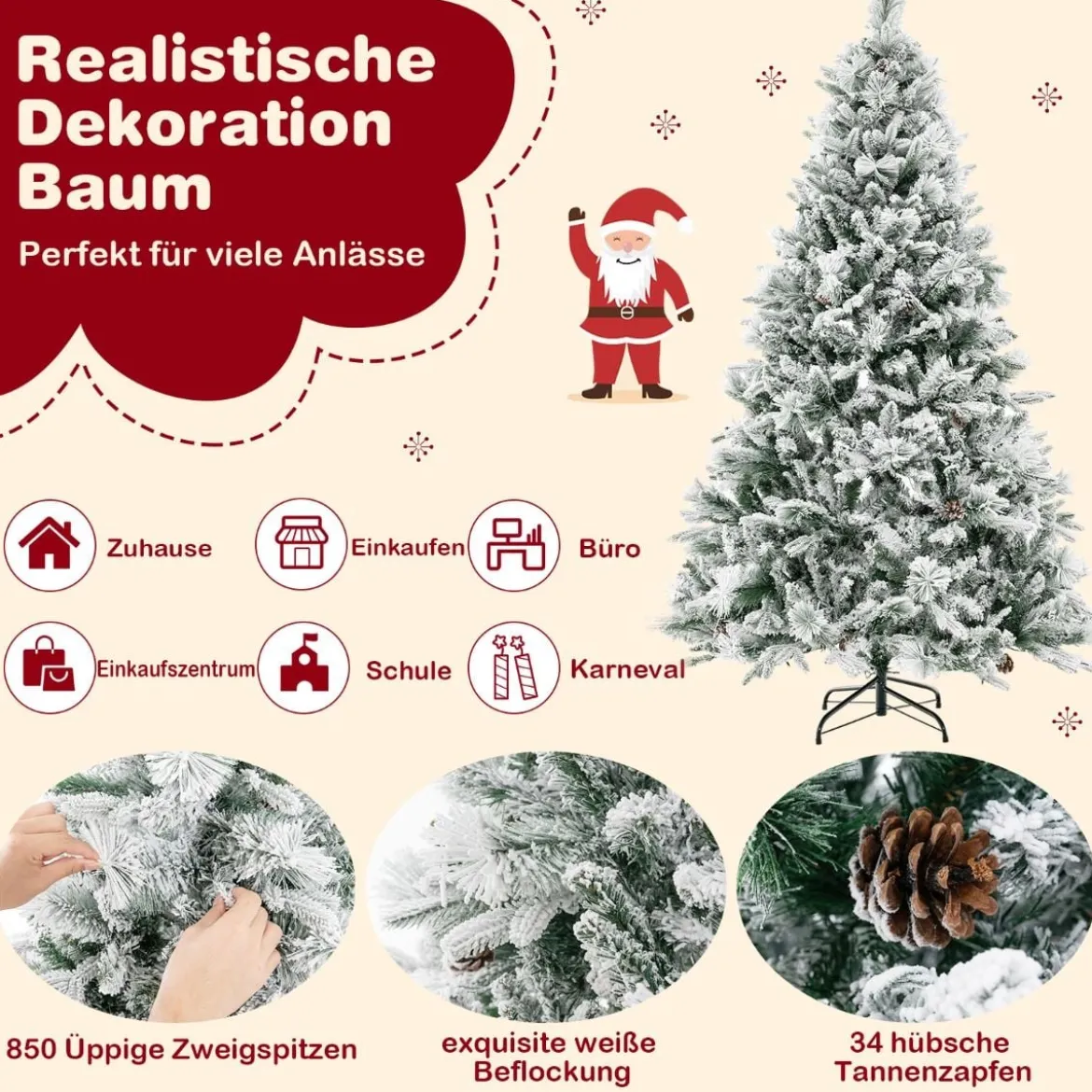 180 cm Künstlicher Weihnachtsbaum mit Schnee & 8 Lichtmodi & 850 PE PVC Zweigspitzen