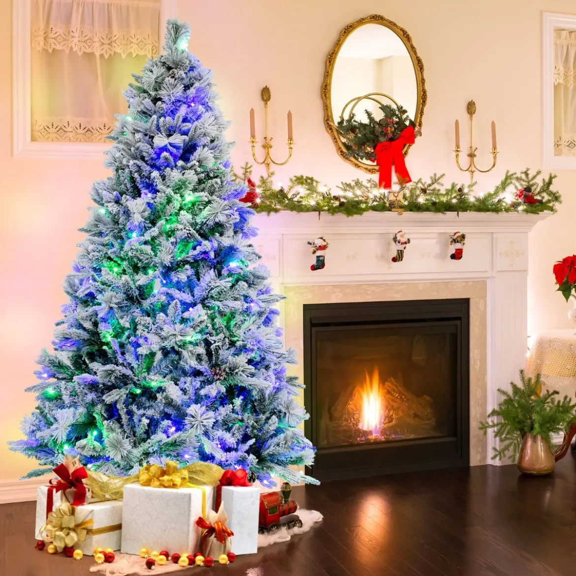 180 cm Künstlicher Weihnachtsbaum mit Schnee & 8 Lichtmodi & 850 PE PVC Zweigspitzen