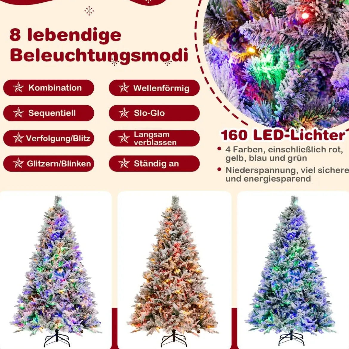 180 cm Künstlicher Weihnachtsbaum mit Schnee & 8 Lichtmodi & 850 PE PVC Zweigspitzen