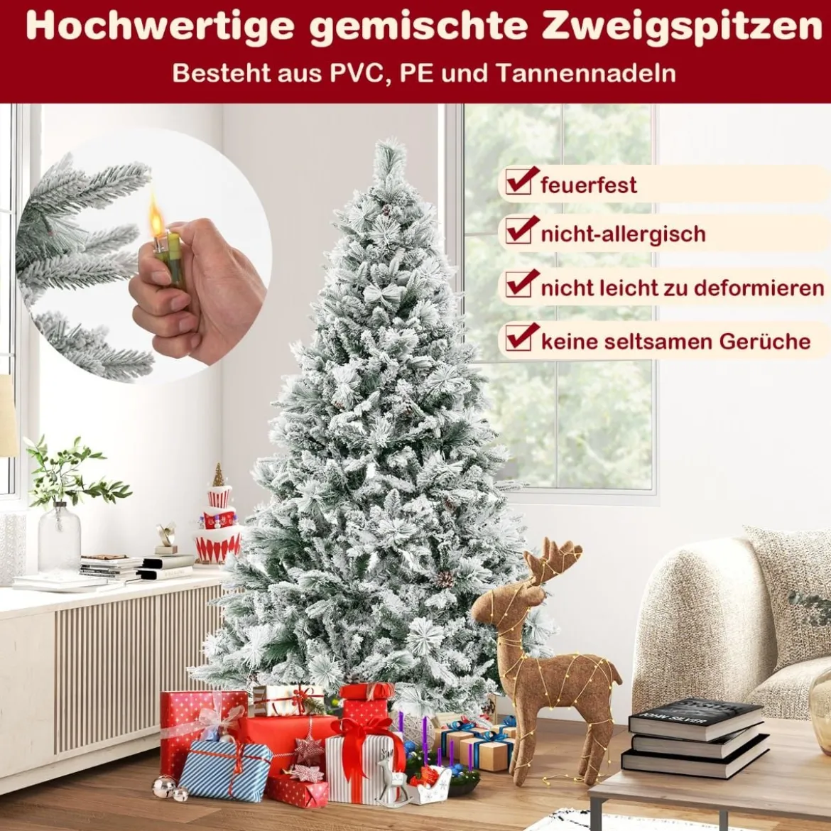 180 cm Künstlicher Weihnachtsbaum mit Schnee & 8 Lichtmodi & 850 PE PVC Zweigspitzen