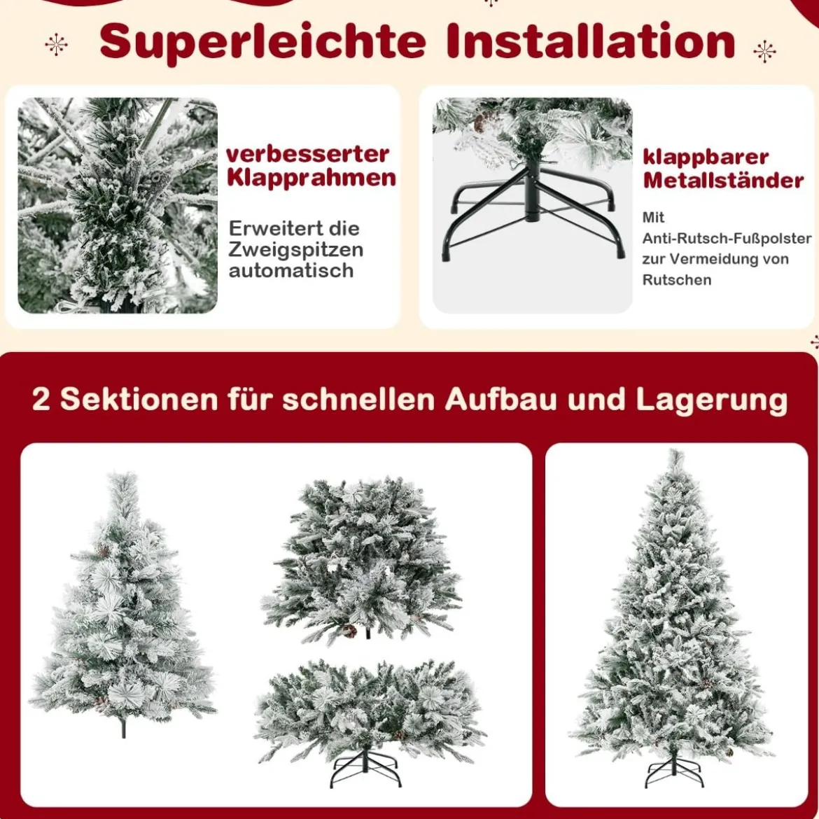 180 cm Künstlicher Weihnachtsbaum mit Schnee & 8 Lichtmodi & 850 PE PVC Zweigspitzen