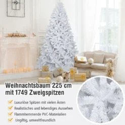 225 cm künstlicher Weihnachtsbaum mit 1749 Zweigen und klappbarer Metallständer Weiß