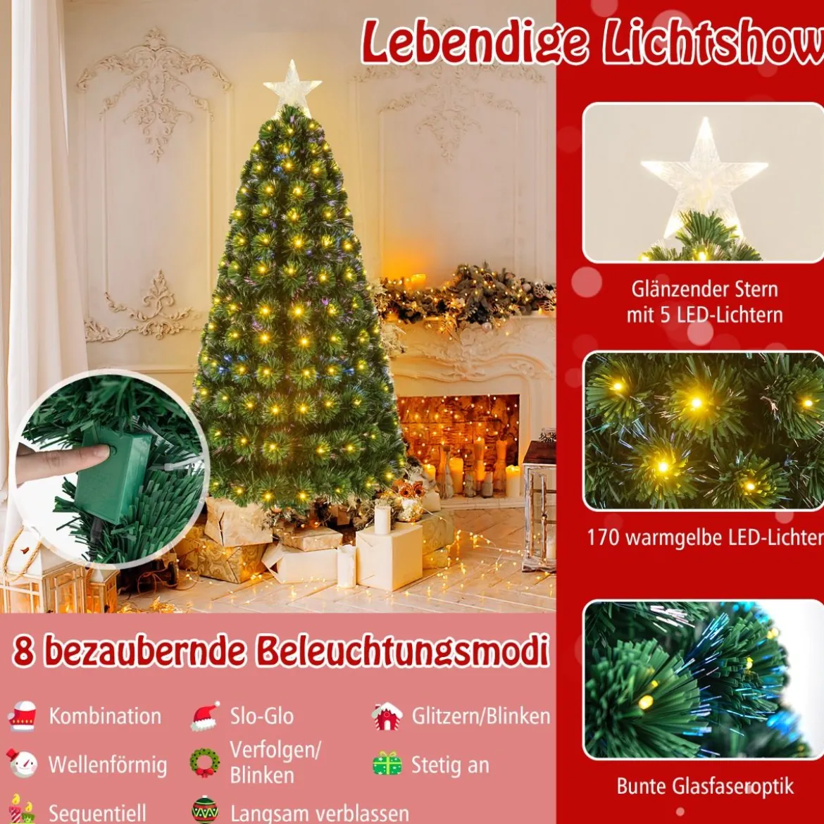 150 cm Künstlicher Weihnachtsbaum mit 8 Beleuchtungsmodi Christbaum in Glasfaseroptik