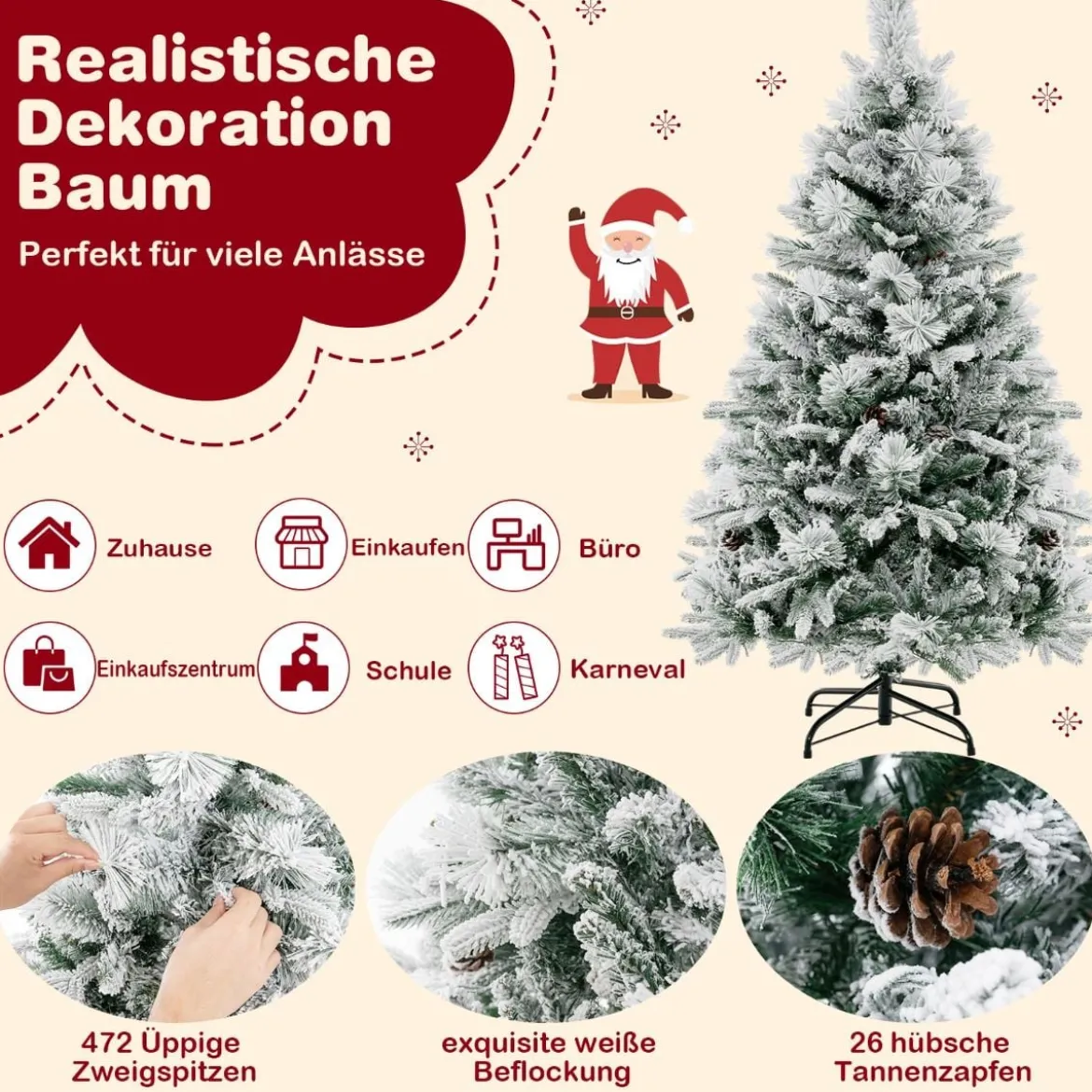 136 cm Künstlicher Weihnachtsbaum mit Schnee & 8 Lichtmodi & 472 PE PVC Zweigspitzen