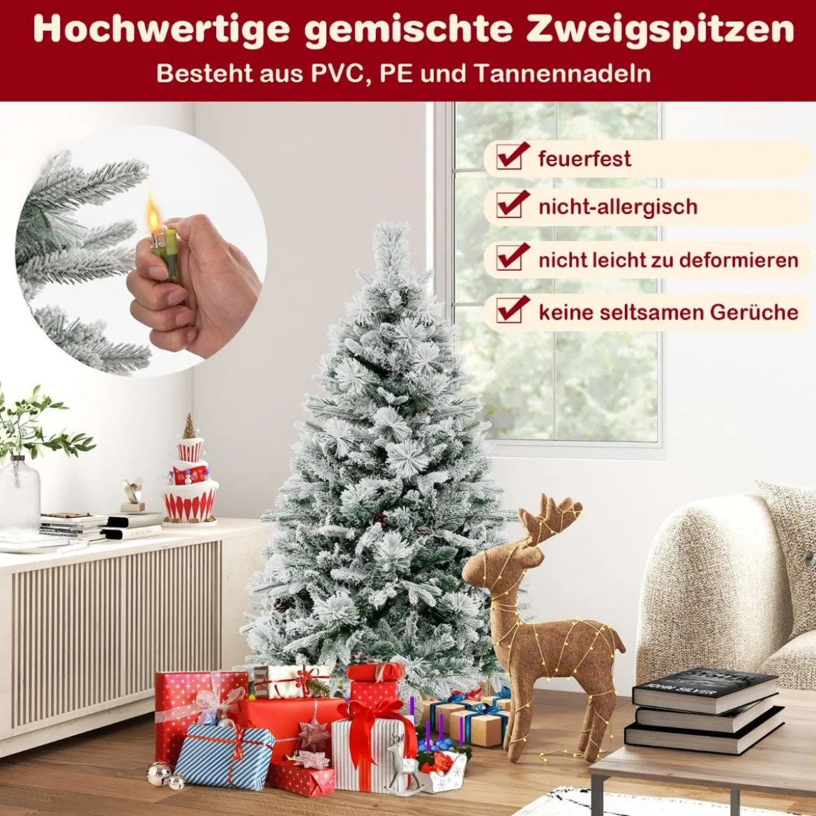136 cm Künstlicher Weihnachtsbaum mit Schnee & 8 Lichtmodi & 472 PE PVC Zweigspitzen
