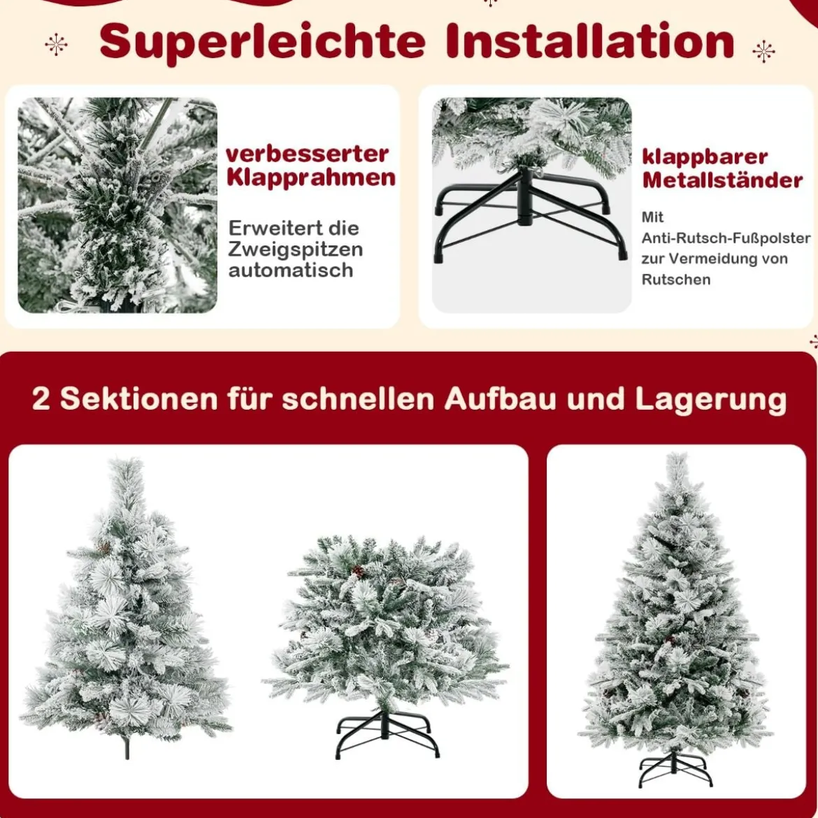 136 cm Künstlicher Weihnachtsbaum mit Schnee & 8 Lichtmodi & 472 PE PVC Zweigspitzen