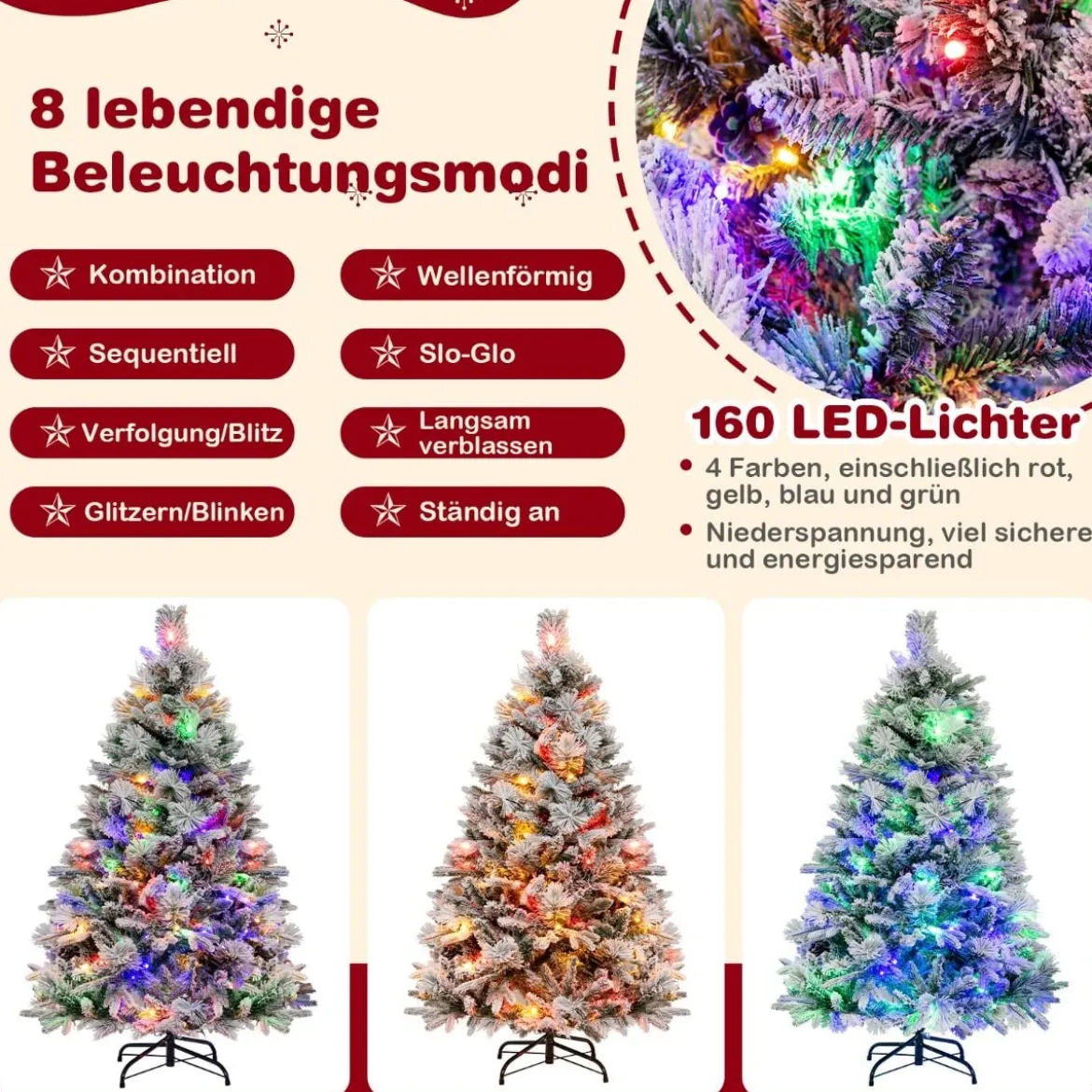 136 cm Künstlicher Weihnachtsbaum mit Schnee & 8 Lichtmodi & 472 PE PVC Zweigspitzen