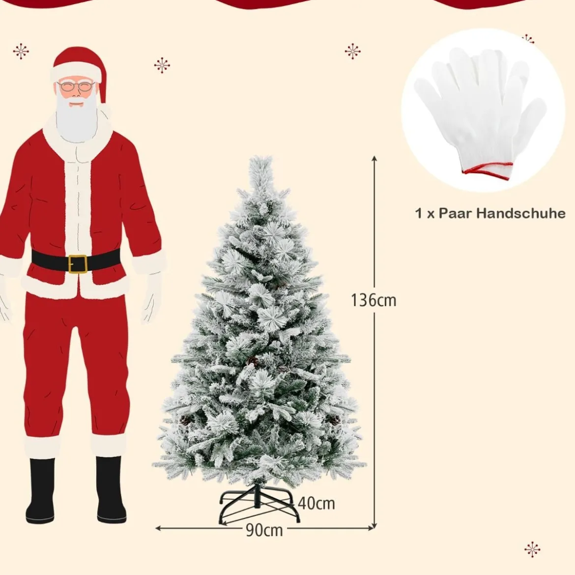 136 cm Künstlicher Weihnachtsbaum mit Schnee & 8 Lichtmodi & 472 PE PVC Zweigspitzen