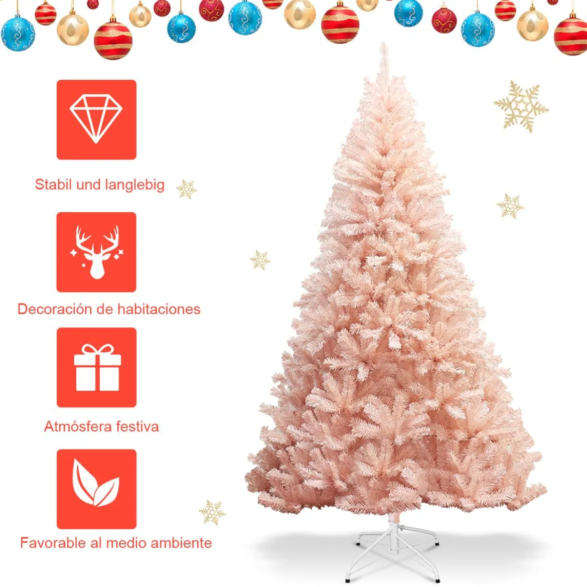 210 cm Künstlicher Weihnachtsbaum Premium-PVC-Nadeln mit stabilem Metallständer Rosa