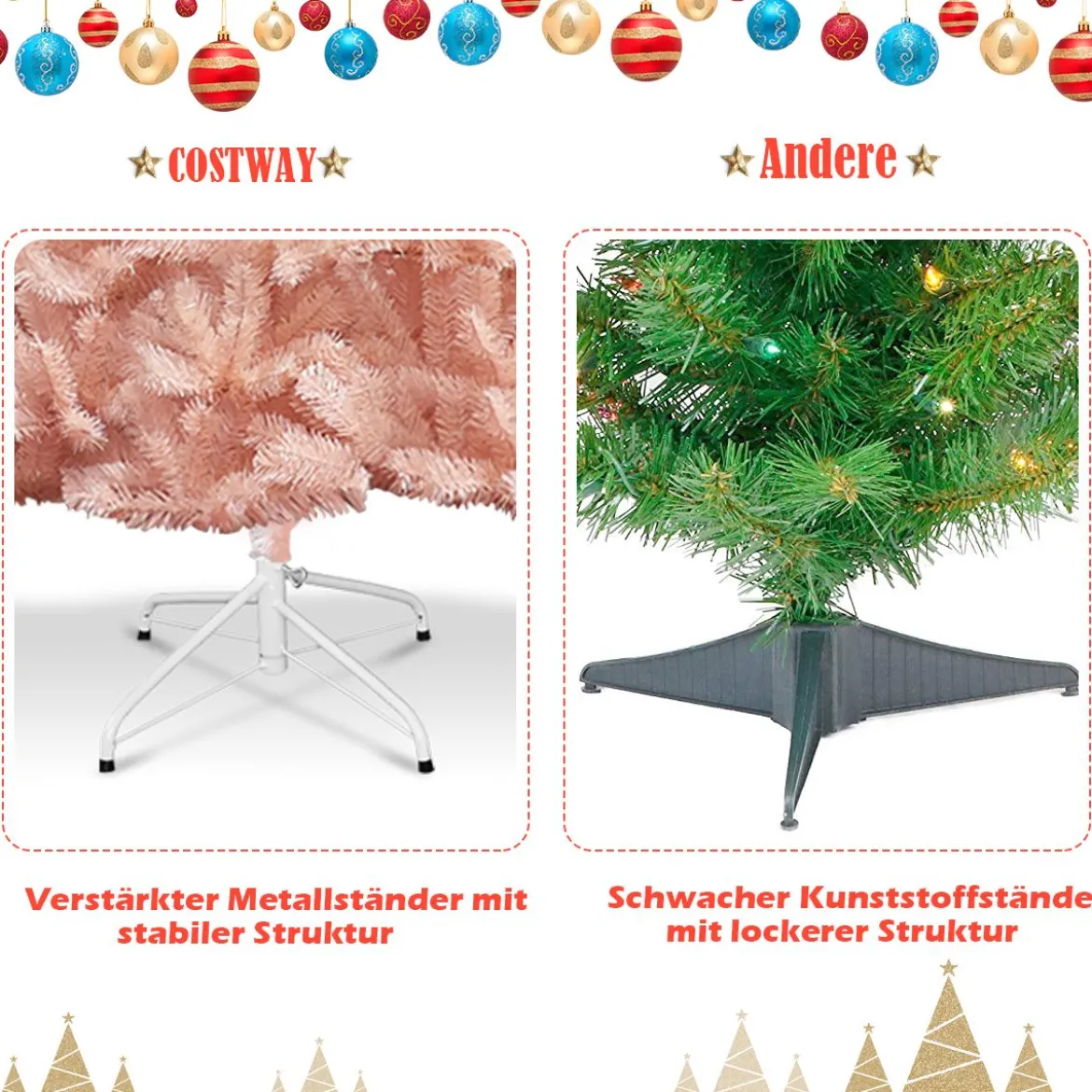 210 cm Künstlicher Weihnachtsbaum Premium-PVC-Nadeln mit stabilem Metallständer Rosa