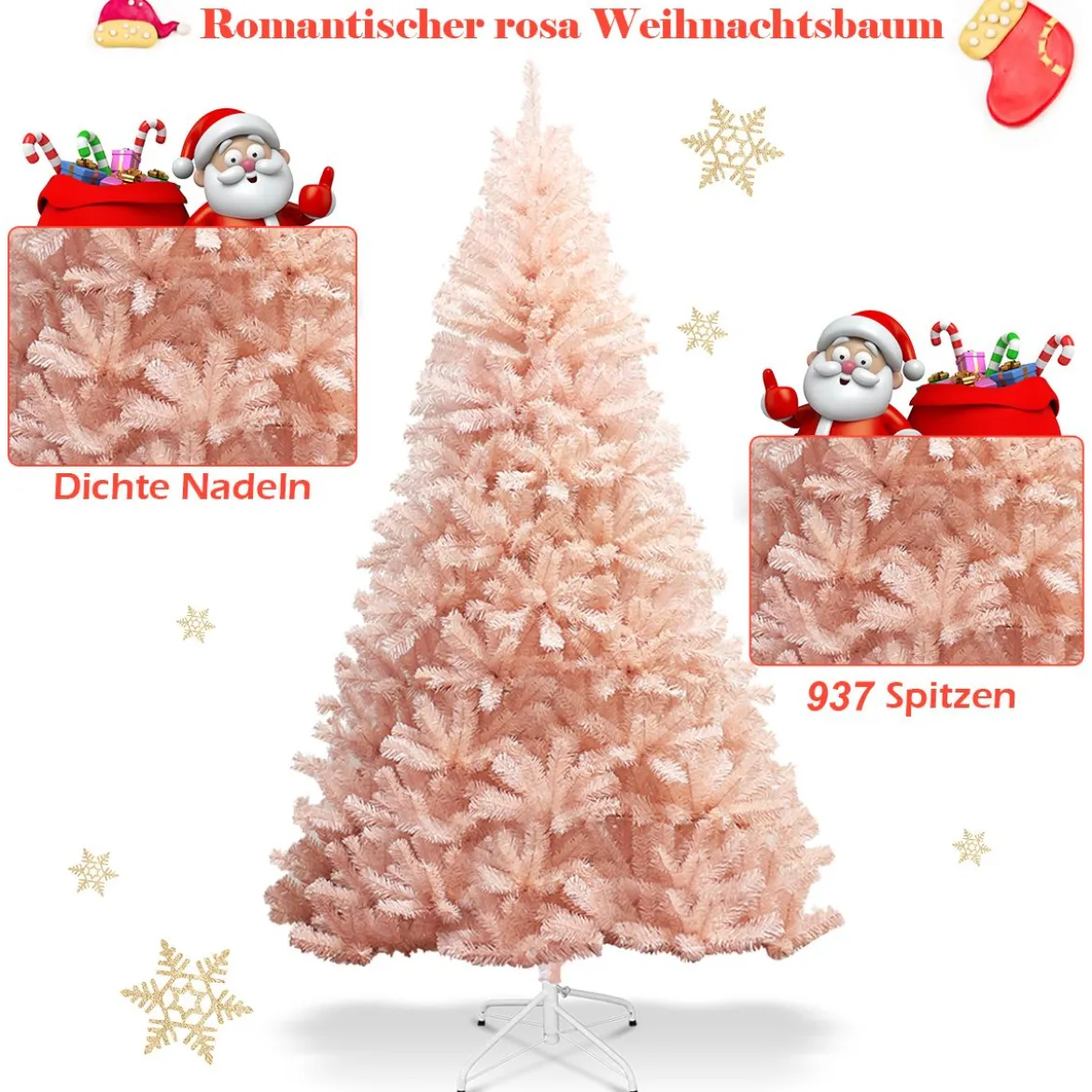 210 cm Künstlicher Weihnachtsbaum Premium-PVC-Nadeln mit stabilem Metallständer Rosa
