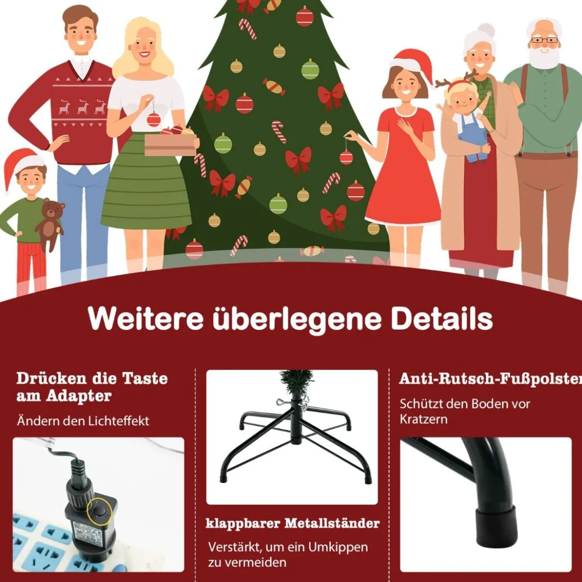 180 cm Künstlicher Weihnachtsbaum mit 8 Lichtmodi & 280 warmweißen LED-Lichtern