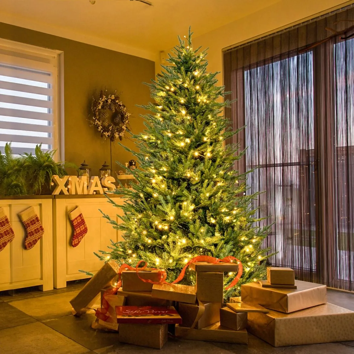 180 cm Künstlicher Weihnachtsbaum mit 8 Lichtmodi & 280 warmweißen LED-Lichtern