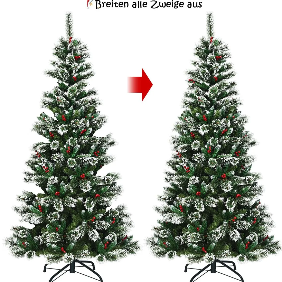150/180/210/240 cm Künstlicher Weihnachtsbaum mit Schneeflocken roten Beeren und Kiefernzapfen Grün