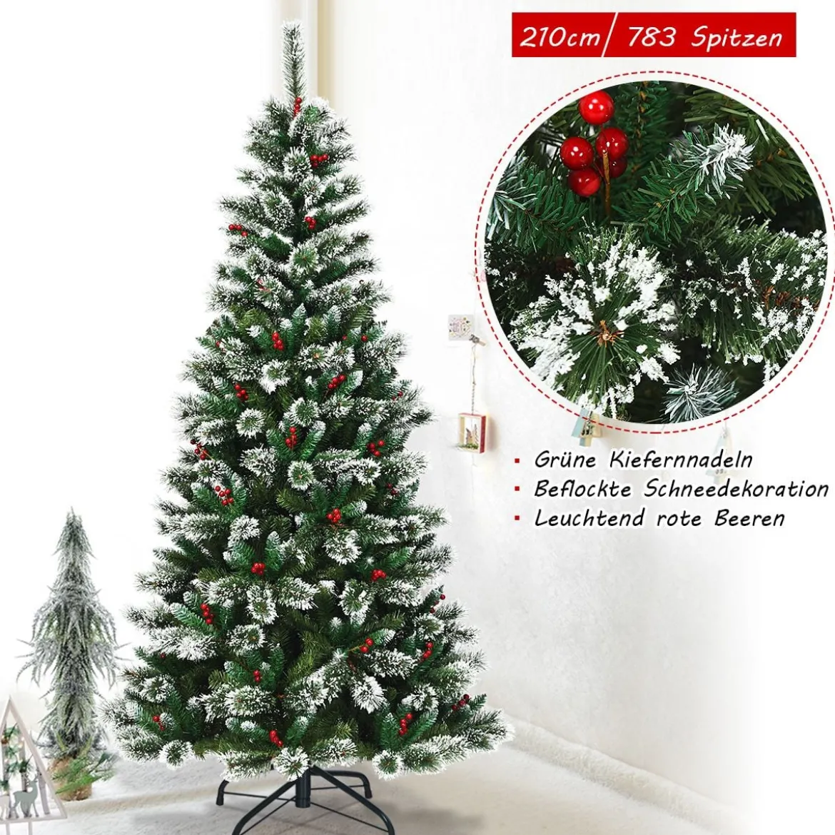 150/180/210/240 cm Künstlicher Weihnachtsbaum mit Schneeflocken roten Beeren und Kiefernzapfen Grün