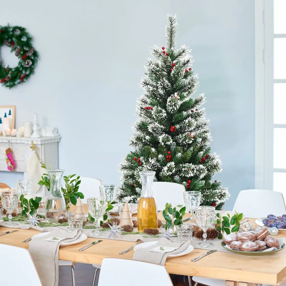 150/180/210/240 cm Künstlicher Weihnachtsbaum mit Schneeflocken roten Beeren und Kiefernzapfen Grün