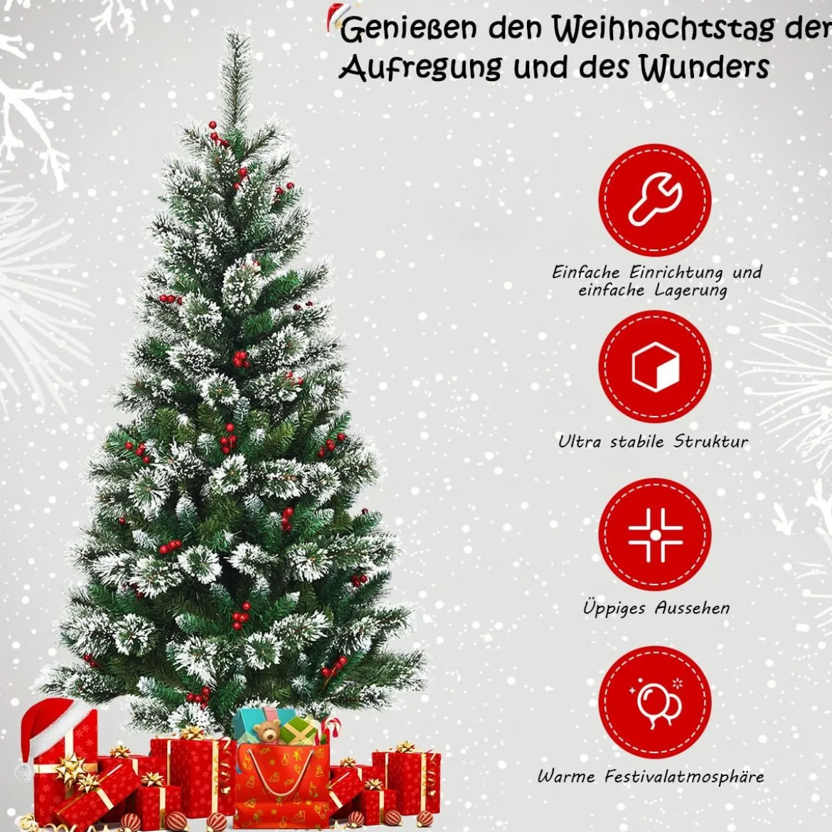 150/180/210/240 cm Künstlicher Weihnachtsbaum mit Schneeflocken roten Beeren und Kiefernzapfen Grün