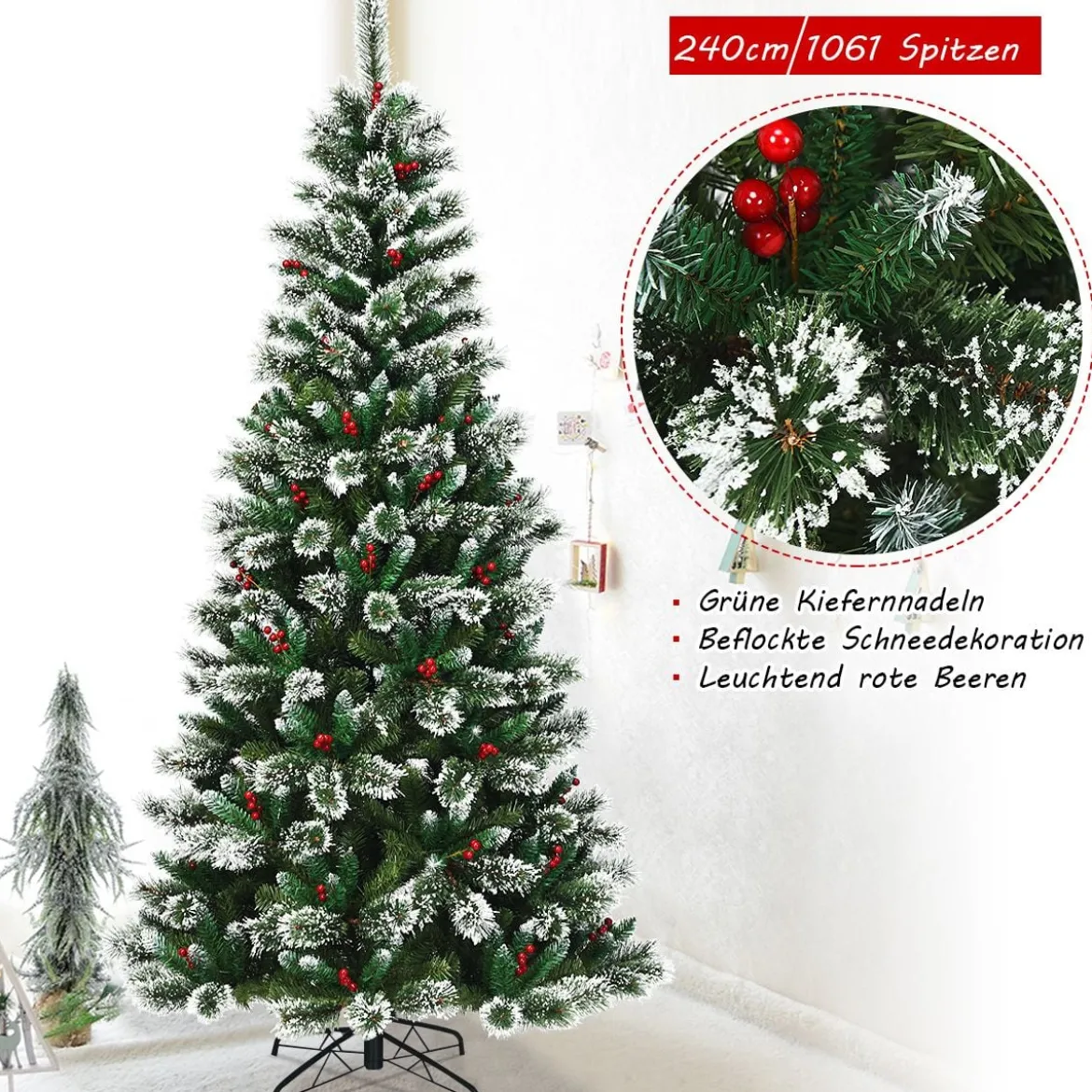 150/180/210/240 cm Künstlicher Weihnachtsbaum mit Schneeflocken roten Beeren und Kiefernzapfen Grün