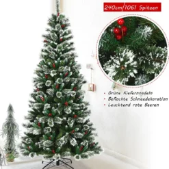 150/180/210/240 cm Künstlicher Weihnachtsbaum mit Schneeflocken roten Beeren und Kiefernzapfen Grün