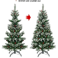 150/180/210/240 cm Künstlicher Weihnachtsbaum mit Schneeflocken roten Beeren und Kiefernzapfen Grün