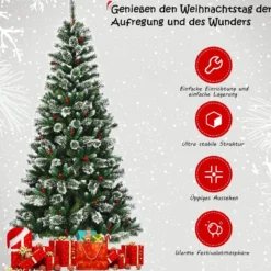 150/180/210/240 cm Künstlicher Weihnachtsbaum mit Schneeflocken roten Beeren und Kiefernzapfen Grün