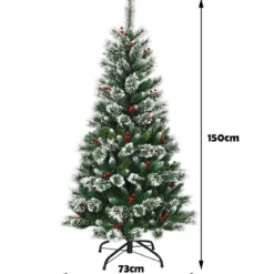 150/180/210/240 cm Künstlicher Weihnachtsbaum mit Schneeflocken roten Beeren und Kiefernzapfen Grün