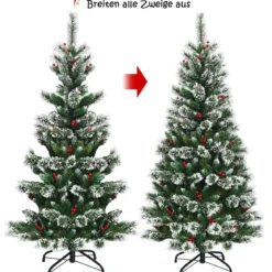 150/180/210/240 cm Künstlicher Weihnachtsbaum mit Schneeflocken roten Beeren und Kiefernzapfen Grün