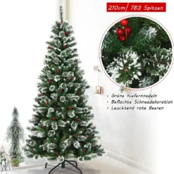 150/180/210/240 cm Künstlicher Weihnachtsbaum mit Schneeflocken roten Beeren und Kiefernzapfen Grün