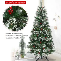 150/180/210/240 cm Künstlicher Weihnachtsbaum mit Schneeflocken roten Beeren und Kiefernzapfen Grün
